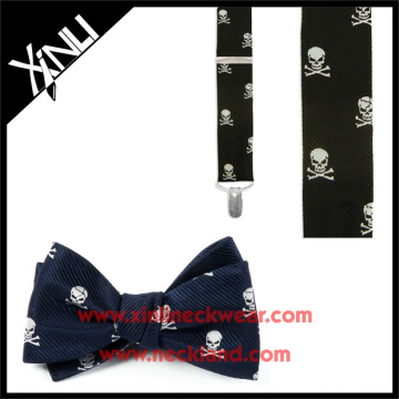 Мужские шелк Жаккард череп и скрещенные кости галстук-бабочку и Подтяжк комплект